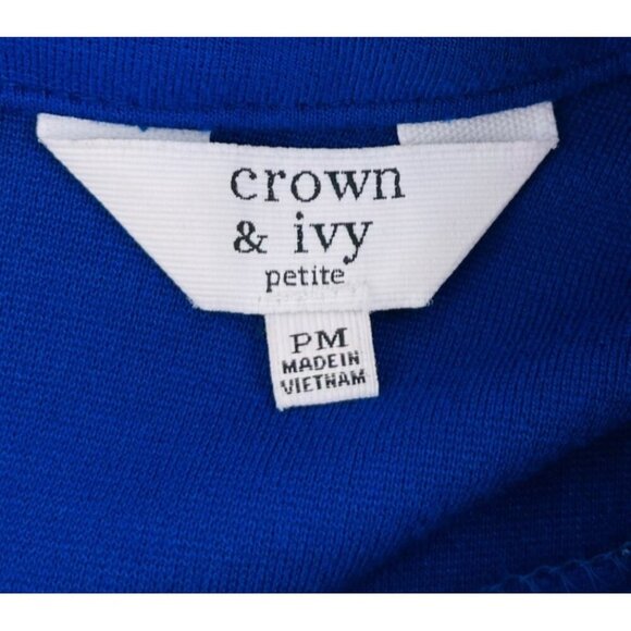 Crown & Ivy Petite Womens Blue Blouse With Striped Trim PM Petite Medium NWT - Picture 2 of 6